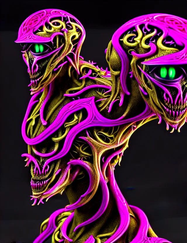 Prompt: complex 3 d render of a beautiful porcelain dark lovecraft horror machine monster glowing reptile neon eyes. magenta gold and white, fractal veins, fractal hair, 1 5 0 mm, beautiful natural soft light, rim light, gold fractal details, fine lace, mandelbot fractal anatomical, glass, facial muscles, elegant, ultra detailed, metallic armor, octane render