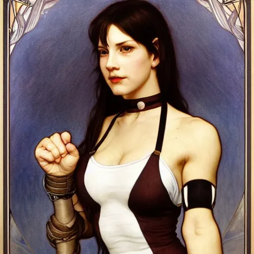 Image similar to Portrait of Tifa Lockheart with long dark brown hair and a white short top and black suspenders and kickboxing gloves drawn by Donato Giancola and Tom Bagshaw, face by Artgerm, overall design by Alphonse Mucha, background by James Jean and Gustav Klimt, light by Julie Bell, 4k, porcelain skin, komorebi, french nouveau, trending on artstation, octane render, hyperrealistic