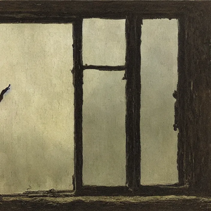 Prompt: painting of a broken window with the bloody hand of a female ghost by caspar david friedrich