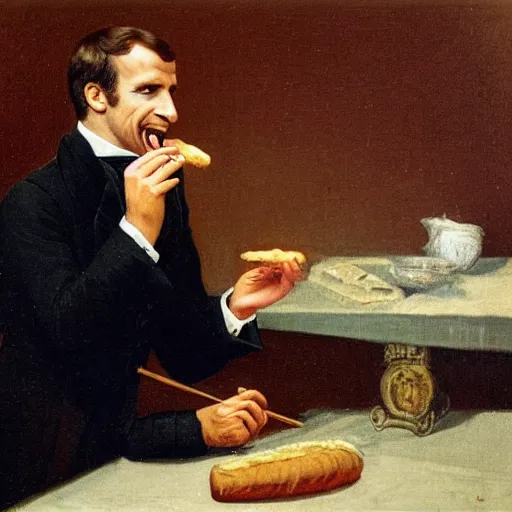 Prompt: emmanuel macron as a president of france eating a french baguette, 1 8 5 0 s style