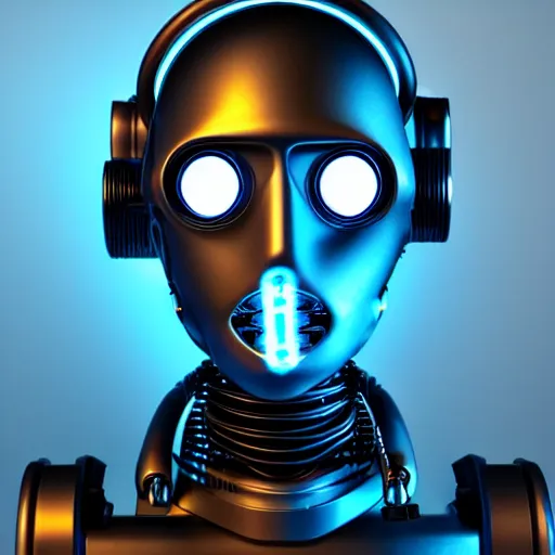 Prompt: a head of a robot in steampunk style with cyan glowing laserbeams out of the eyes, insanely integrate details, cables out of the ears, sharp, frontshot, 8 k