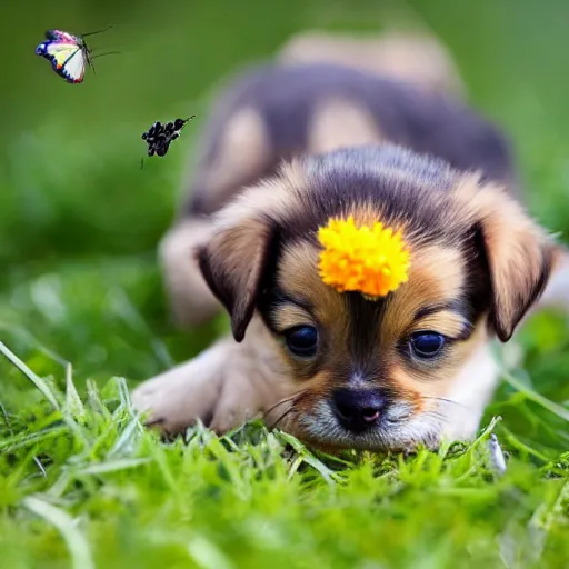 Prompt: a tiny pinata puppy playing with a butterfly in a meadow, worms eye view, real camera, real life, photorealistic