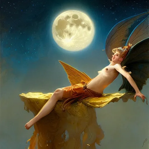 Image similar to attractive fairy magically floating high in the night, fantasy, full moon in background. highly detailed painting by gaston bussiere, craig mullins, j. c. leyendecker, mid shot, 8 k