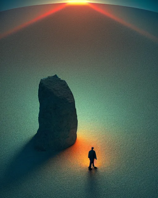 Prompt: a man standing in the middle of a mountain looking at a glowy shape, a render by filip hodas, behance contest winner, environmental art, rendered in cinema 4 d, volumetric lighting