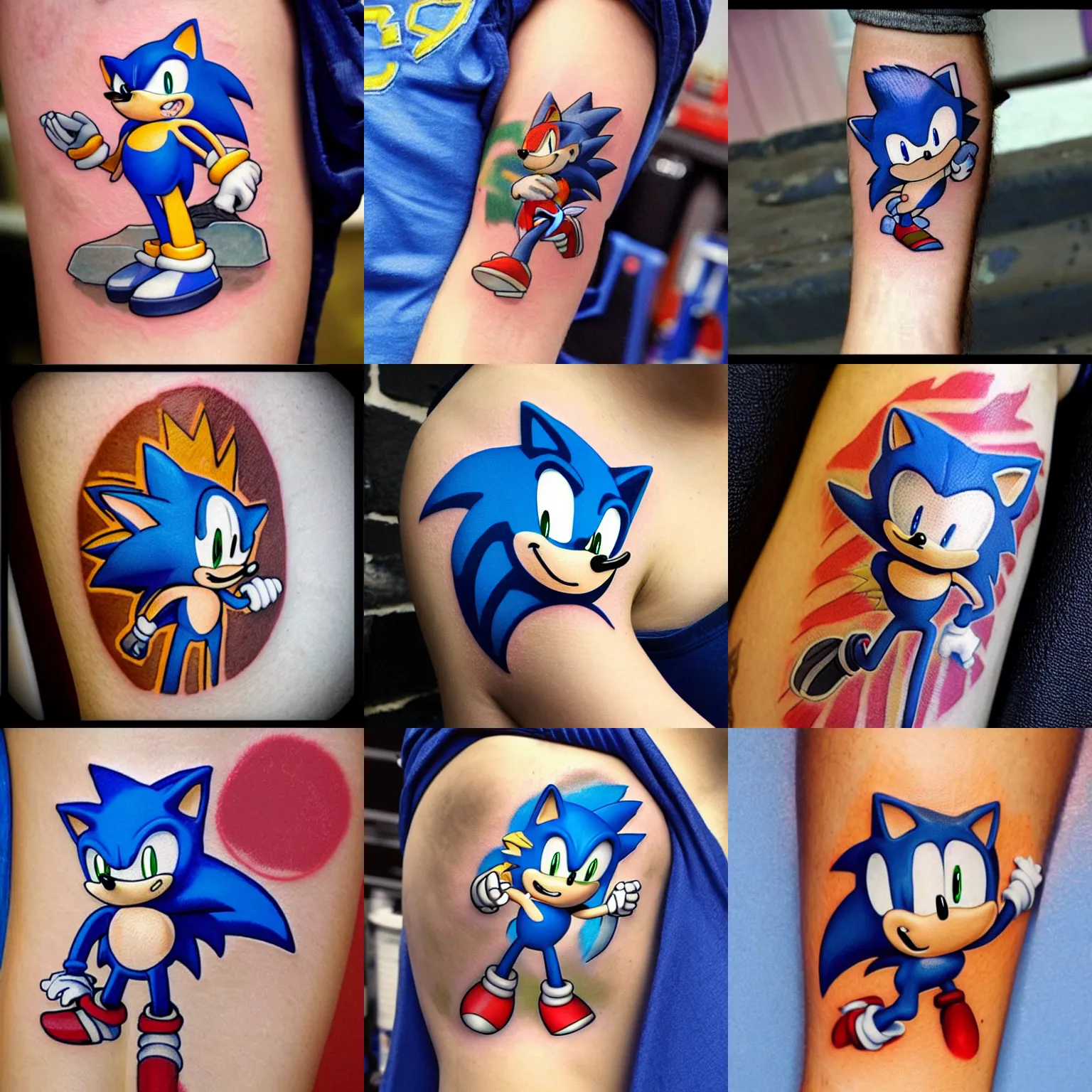 Prompt: photo of the best sonic the hedgehog tattoo in the entire world , very detailed