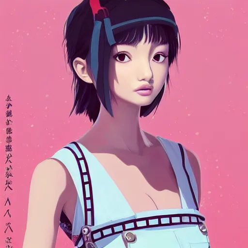 Image similar to a beautiful young japanese natalie portman alluring gravure model, wearing elegant designer overalls, elegant overalls with mesoamerican patterns, mesoamerican native street fashion, princess mononoke, by and wlop and ilya kuvshinov and artgerm and, aesthetic, gorgeous, stunning, alluring, attractive, artstation, pinterest, digital art