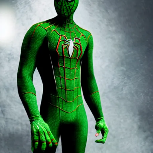 Image similar to green spider - man suit with black web lining, cinematic, volumetric lighting, realistic, hyperdetailed, photorealistic, photograph