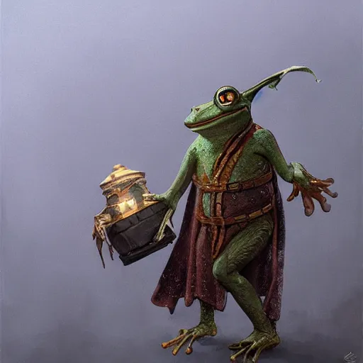 Image similar to Portrait of a medieval humanoid frog dressed like a wizard and carrying magic trinkets, painted by Craig Mullins, trending on ArtStation
