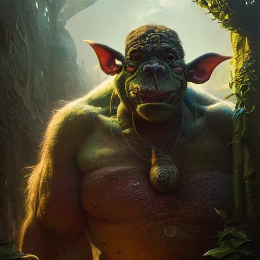 Image similar to a hyperrealistic illustration of a mix of an oger and giant and goblin, 8 k ultra realistic creature, detailed intricate, with fractal sunlight, award - winning, masterpiece, in the style of tom bagshaw, cedric peyravernay, peter mohrbacher