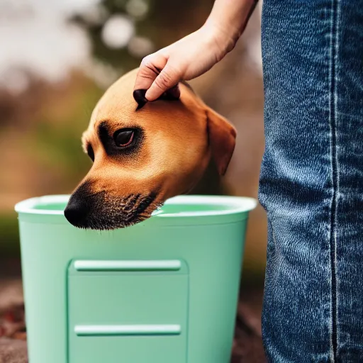 Image similar to dog reaching for a mint in a container while many other people are also reaching for the same mint, closeup, professional photography