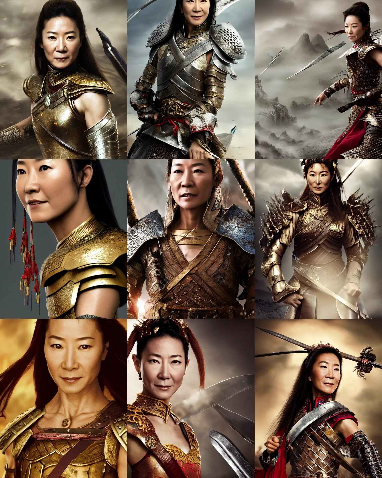 Prompt: young michelle yeoh as chinese warrior princess at the battle of helms deep, background: battle scene, clear makeup, clean hair, dry skin, clear skin, airbrushed, bright eye makeup, warrior body, photo by mario testino, 8k octane render, cinematic, hyper detailed, micro details, insanely detailed, trending on artstation, concept art