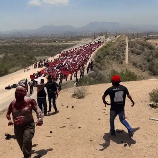 Prompt: thousands of zombified Mexicans attempt to climb Donald Trump’s Mexican border wall, he sprays his minigun at them wildly with rage