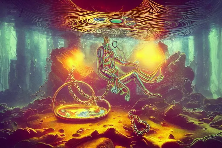 Prompt: psychedelic spongebob with trinket necklace, epic angle and pose, reflective pool, symmetrical artwork, ayahuasca, translucent, fungus, energy flows of water and fire, highly detailed, epic cinematic concept art, excellent composition, dystopian brutalist atmosphere, dynamic dramatic lighting, aesthetic, very inspirational, arthouse, Greg Rutkowski, Artgerm