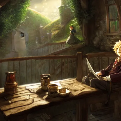 Prompt: bilbo baggins sitting down inside bag end highly detailed, digital painting, concept art, sharp focus, by makoto shinkai