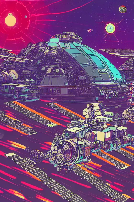 Image similar to drawing of an international space station filled with electronic equipment, japanese gundam mech, robots, led screens, droids, a detailed comic panel by kilian eng, moebius, featured on deviantart, psychedelic art, psychedelic, dmt