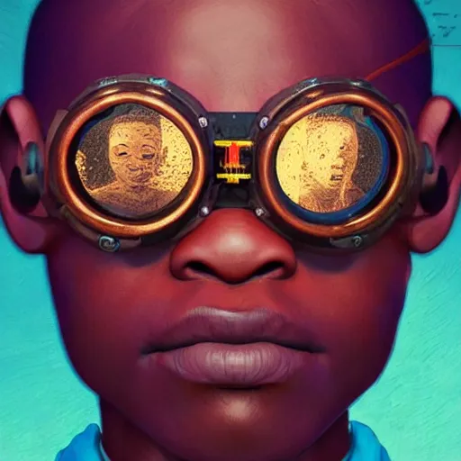 Image similar to colourful vfx upper half - portrait - art of a nigerian boy wearing steam punk goggles, art by utagawa kunisada & james jean, concept art, digital illustration, digital render, volumetric light, ray tracing, symmetrical, unreal engine, octane render, sharp, detailed, highly detailed, intricate detail, pinterest, behance, art station,