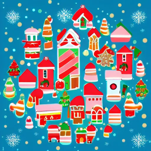 Image similar to orthographic view of a christmas themed town, happy, cute, bright colours, high detail, 8 k,