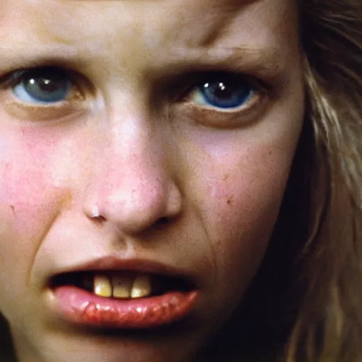 Image similar to a candid extreme closeup portrait of an expressive face of a terrified young woman by annie leibovitz