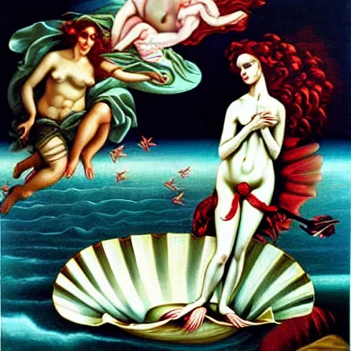 Prompt: the birth of venus painting by godmachine, brom and mc esther