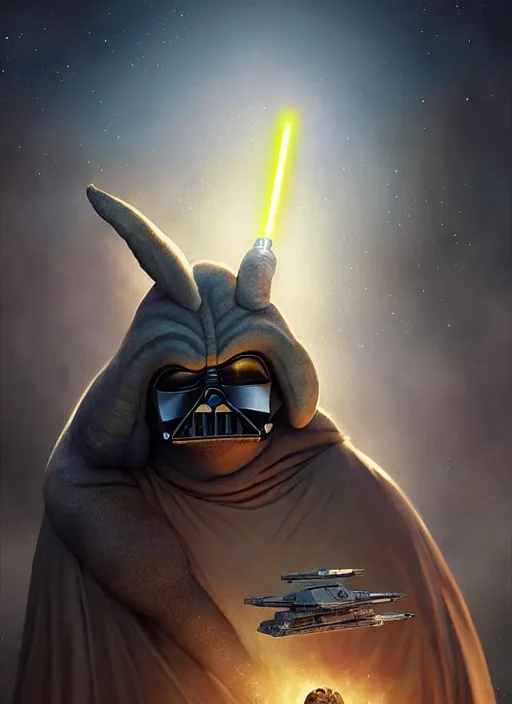 Image similar to hyper realistic, zoomed out portrait of a mega derpy big chungus star wars, stoned, by greg rutkowski, scott m fischer, artgerm, loish, slight glow, atmospheric, anne stokes, alexandros pyromallis