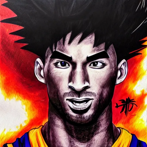 Image similar to ultra realistic portrait painting of kobe bryant as goku, art by akira toriyama, 4 k, dragon ball artstyle, cel shaded, highly detailed, epic lighting