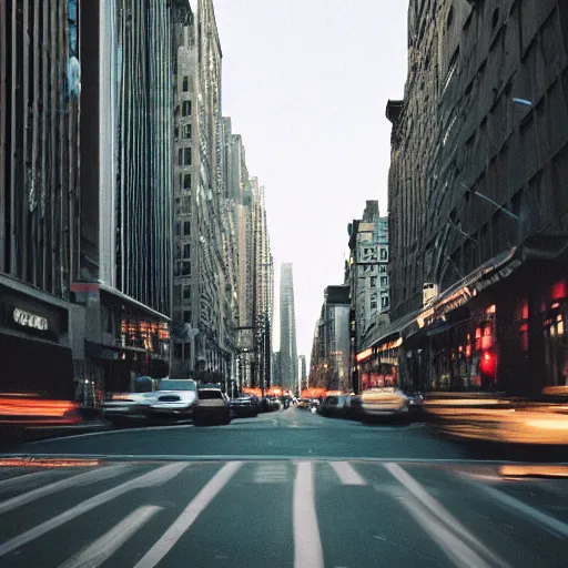 Prompt: kodak portra, overexposed shot of manhattan street, buzzing, motion blur, night, city lights, f 8, iso 8 0 0, grainy