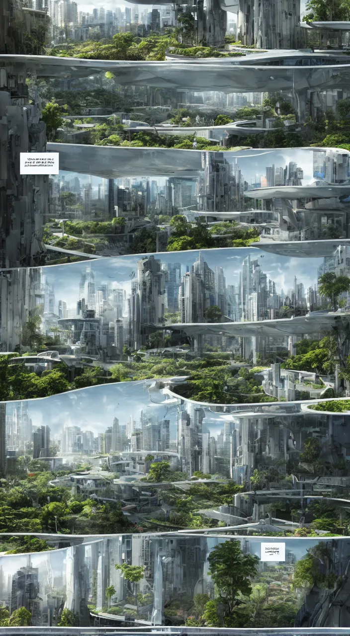 Image similar to 3 - panel comic page layout. two people talking about sustainable futuristic building in a urban setting. ultrarealistic matte painting on white page. the building has many deep and tall balconies covered in plants and trees. thin random columns, large windows, deep overhangs. greeble articulated details with plants. 8 k, uhd.