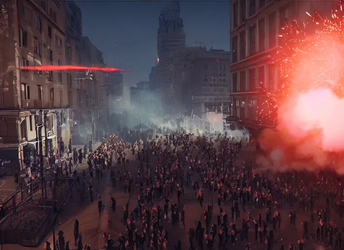 Prompt: crowd of working citizens protests war being dispersed by police while missles and bombs explode buildings in the city, DSLR 35mm, by WLOP and Aleksandr Deyneka and Andrei Popov, Unreal Engine 5, Lumen, Nanite