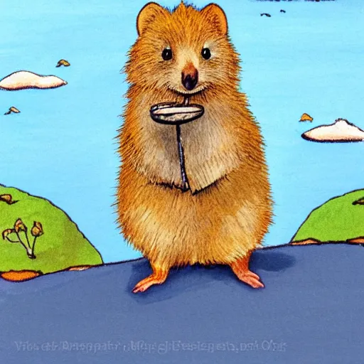 Image similar to detailed illustration, a happy quokka on rotttnest island in the style of may gibbs,