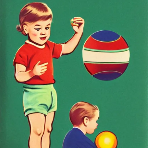 Prompt: a child playing with a ball, advertising illustrations from the 4 0's and 5 0's,