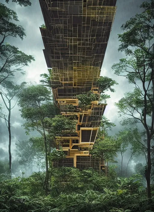 Image similar to “thunderstorm Amazon forest architecture building , the building is in a rainy forest , luxury architecture, architecture digest, building surrounded by dark clouds , mellow tones, fluorescent lighting,volumetric Lighting, photorealism, high detail, golden ratio, cinematic, octane renderer”