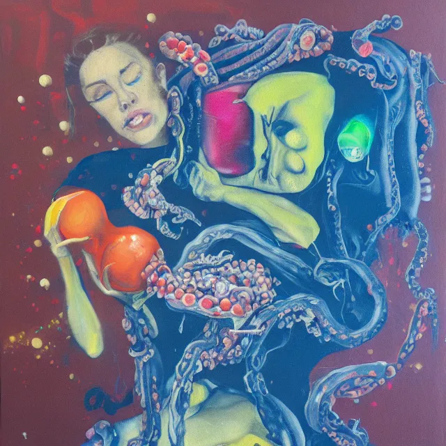 Image similar to acrylic and spray paint and oilstick on canvas, portrait of a female art student falling asleep, scientific research, crashcart, x - ray, sensual, blossom, squashed berries dripping, octopus, candlelight, neo - impressionist, surrealism