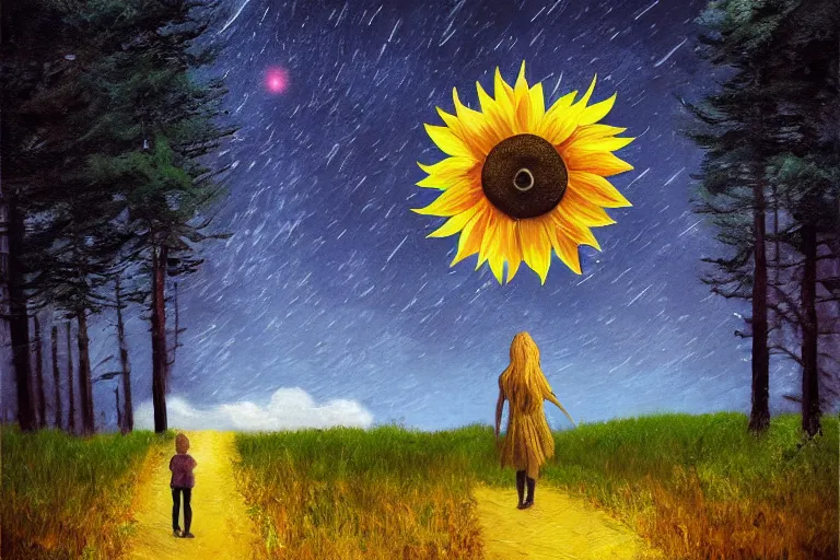 Image similar to giant sunflower as a head, girl walking between trees, hills, surreal photography, dark night, star trails, dramatic light, impressionist painting, clouds, digital painting, artstation, simon stalenhag