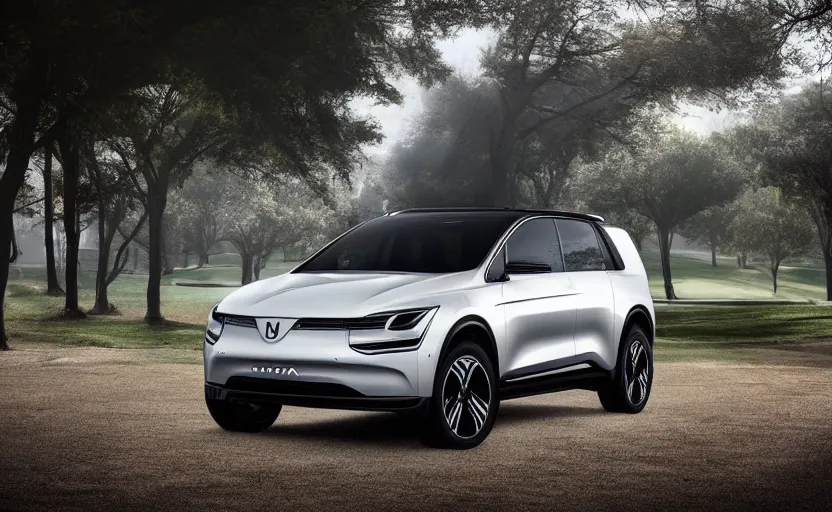 Image similar to the electric suv honma will release soon, outdoor product photography on a golf course, fog, very besautiful ambient light, sun rays