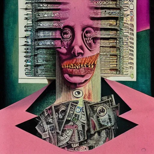 Image similar to abstract post - punk new age album cover, asymmetrical design, dollar bank notes, capitalism, magic, apocalypse, psychedelic, black white pink, highly detailed, magic, giger h. r., abstract giuseppe arcimboldo