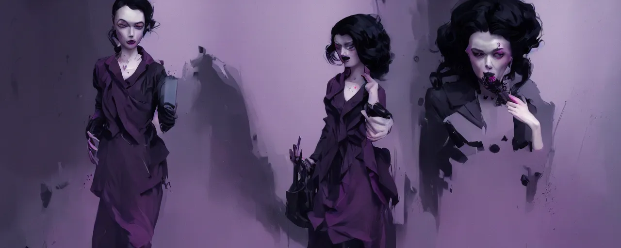 Prompt: duotone dark lilac background noir illustration 3 / 4 portrait of iris von everec black hair in dark gothic furneal clothes. eatheral atmosphere dynamic composition by sachin teng and sergey kolesov and ruan jia and heng z. graffiti art, scifi, fantasy, hyper detailed. octane render. concept art. trending on artstation