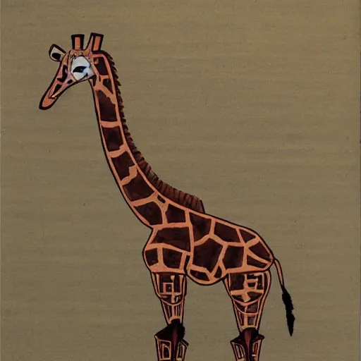 Prompt: steampunk animatronic in the shape of a giraffe, japanese painting
