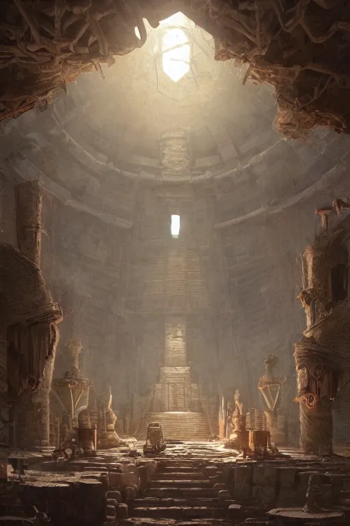 Prompt: Detailed Interior Shot Of The Mayan Alchemist Workshop, lit by the light of gods, abandoned by gods, hyperdetailed artstation cgsociety by greg rutkowski and by Gustave Dor