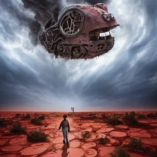 Prompt: red moon over stormy desert, huge clouds in the form of a gigantic octopus, 3 train wrecks are scattered in desert scrap yard, dappled silver lighting, epic, atmospheric, highly detailed, by igor morski, jacek yerka, alexander jansson, james christensen, tomek setowski