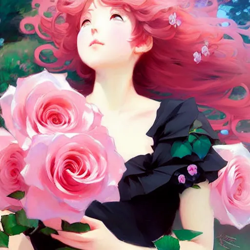 Image similar to beautiful rose anime pink - hair girl in elegent black dress, laying on roses, krenz cushart, mucha, ghibli, by joaquin sorolla rhads leyendecker, by ohara koson