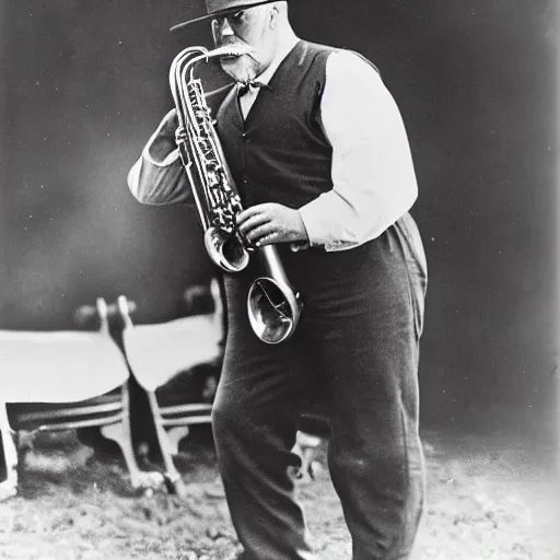 Prompt: Teddy Roosevelt playing the saxophone wearing a giant cowboy hat 3