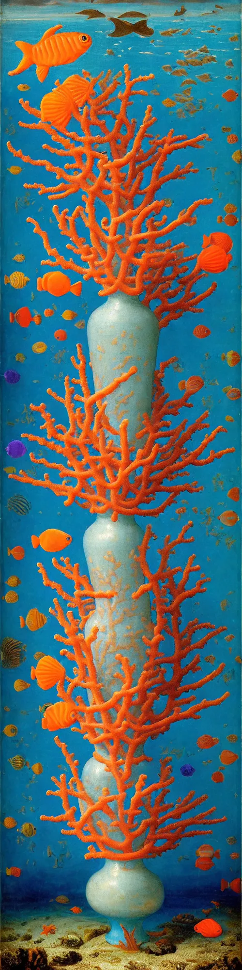 Image similar to bottle vase of coral under the sea and in the sky decorated with a dense field of stylized scrolls that have opaque outlines enclosing mottled blue washes, with orange shells and purple fishes, ambrosius benson, oil on canvas, hyperrealism, light color, no hard shadow, around the edges there are no objects