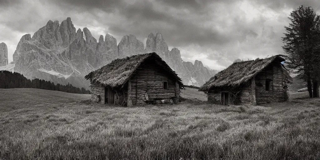 Image similar to old farmers hut overgrown by roots ,roots and hay coat, dolomites in background, dark, eerie, despair, portrait photography, artstation, digital art, concept art, artstation, highly detailed, sharp focus, by caravaggio