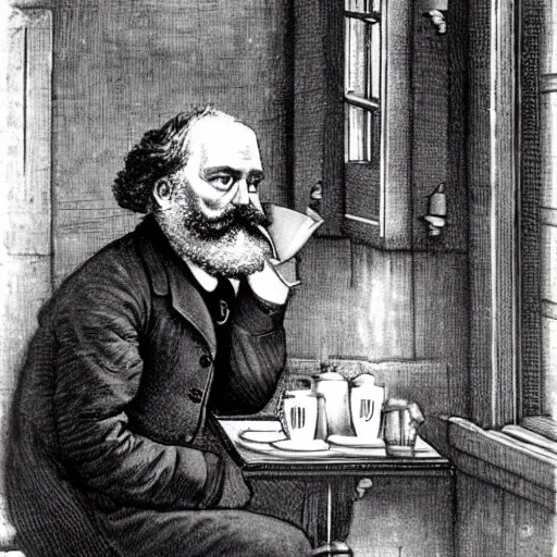 Image similar to karl marx making a cup of coffee. a bird sits on the window ledge screaming at him to hurry up