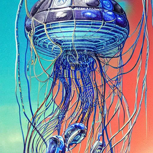 Prompt: a hyper detailed painting of a cyberpunk jellyfish, cables everywhere, blue tones, underwater, futuristic hi-tech details, art by jean giraud