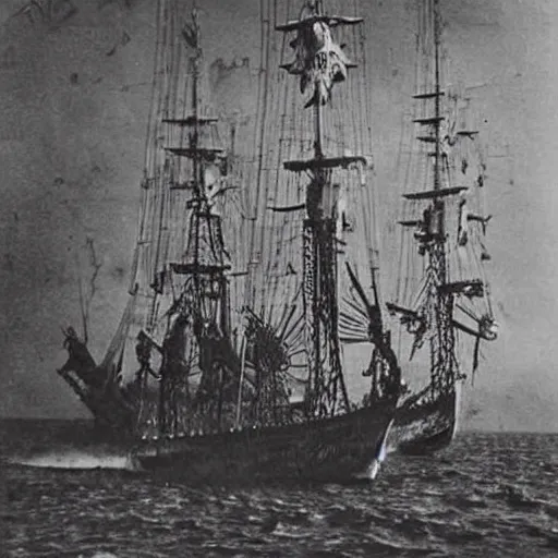 Image similar to an impossibly huge pirate ship that's also a skull. 1910s photograph