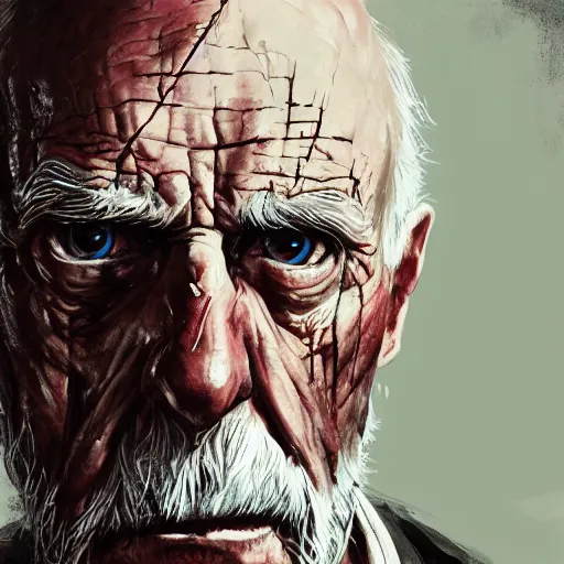 Image similar to close-up, symmetrical, portrait of an old man, bruised, scarred, marvel art, art by greg rutkowski, matte painting, trending on artstation