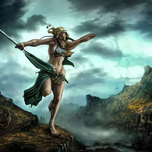 Prompt: themis fighting for justice, epic fantasy art, mystical atmosphere, epic, supernatural, goddess, mythology, landscape, clouds, mist, high detail, high definiton, ultra realistic, hyper realistic, ultra hd, 4 k uhd