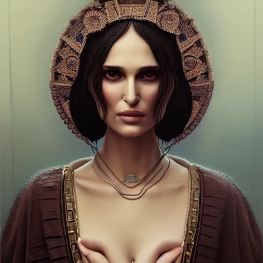 Prompt: tom bagshaw portrait, beautiful mix of natalie portman in desert robes, black hair, professionally retouched, focus eyes, ultra realistic soft painting, insanely detailed linework, symmetrical accurate intricate features, behance, 8 k