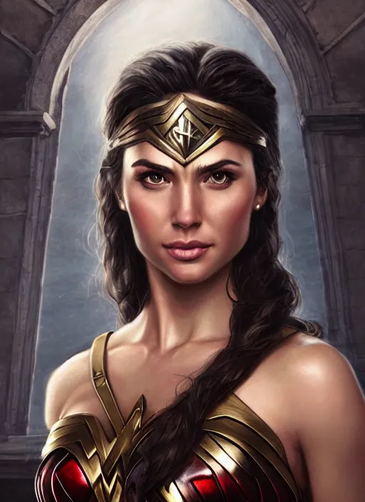 Image similar to realistic portrait painting of wonder woman, old mystic ruins, afternoon, intricate, elegant, highly detailed, digital painting, sharp, focus, by artgerm and greg rutkowski